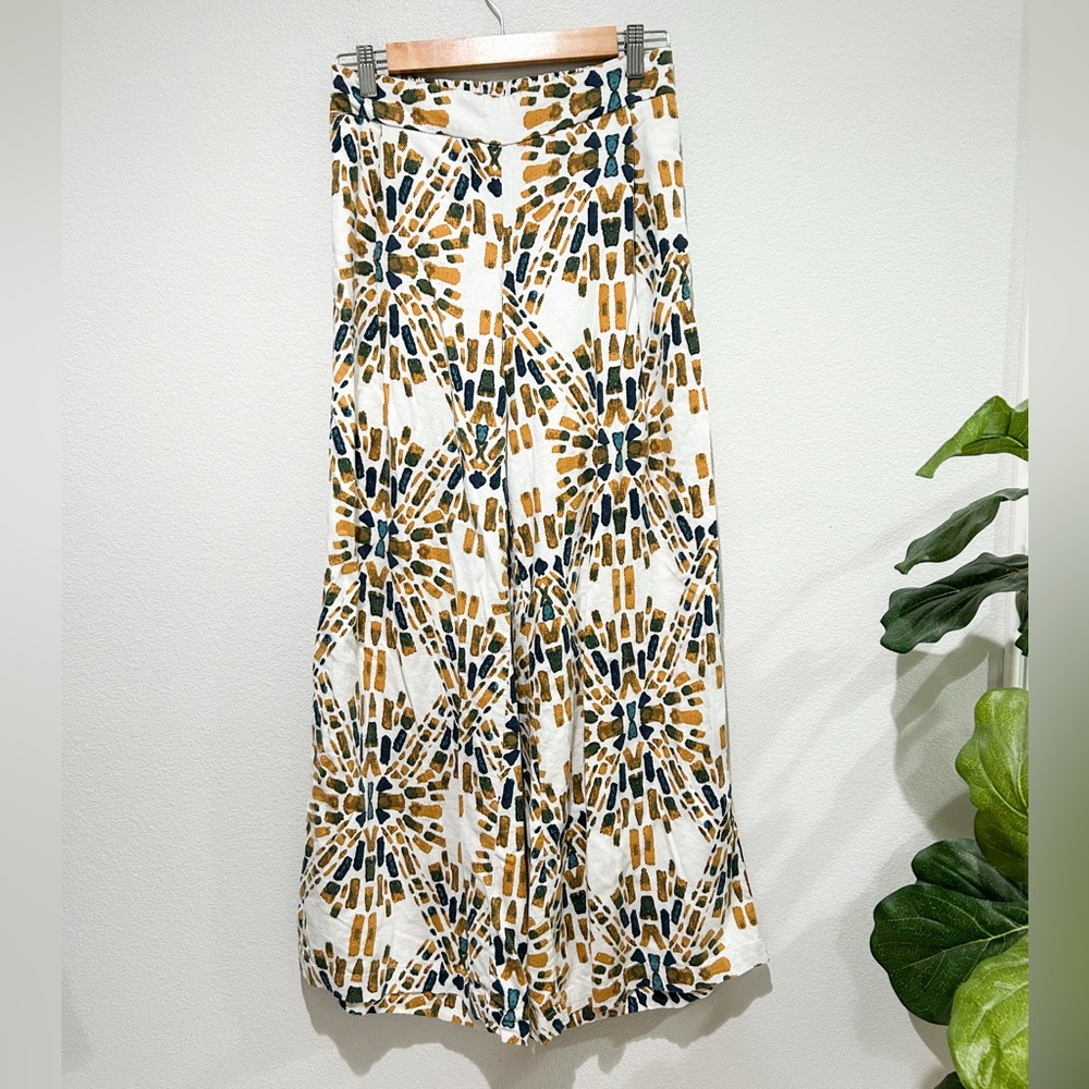 Free People White Wide Leg Pants with Mustard & Navy Print
